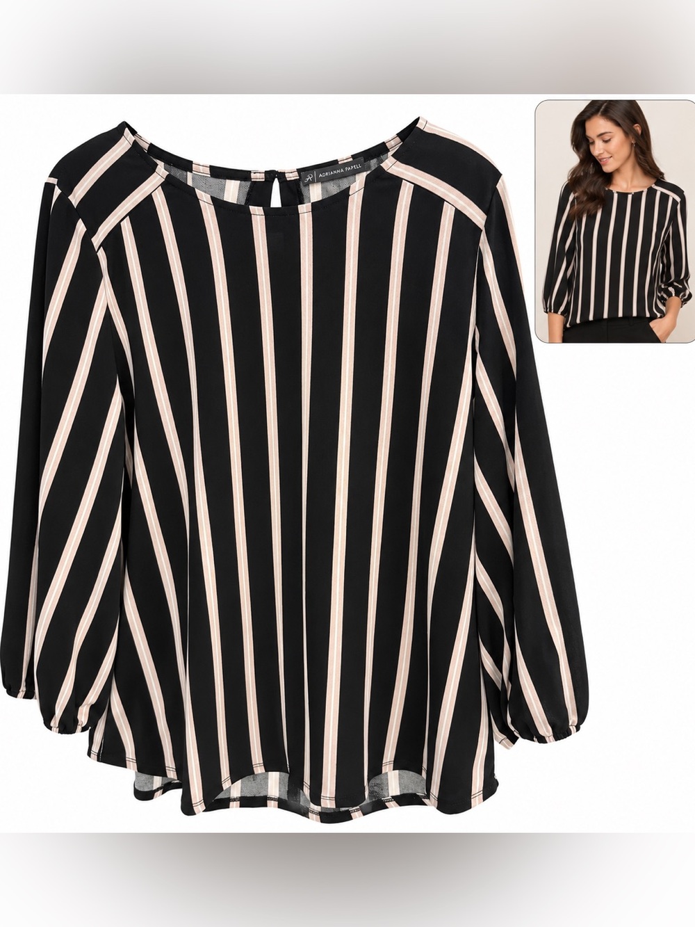 Adrianna Papell Black Cream Stripe Blouse office work wear casual business cute